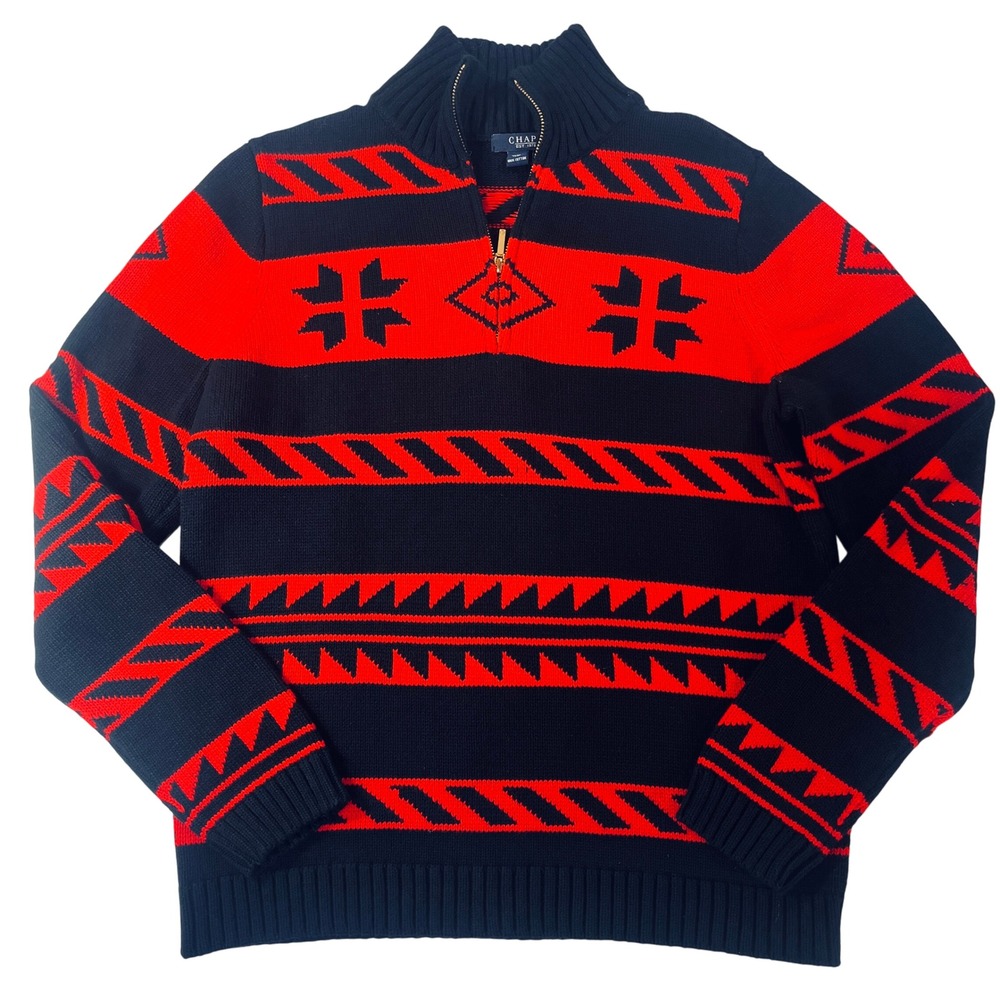 Chaps Aztec Sweater Womens L Red Black Geometric Fair Aisle Snowflake 1/4‎ Zip